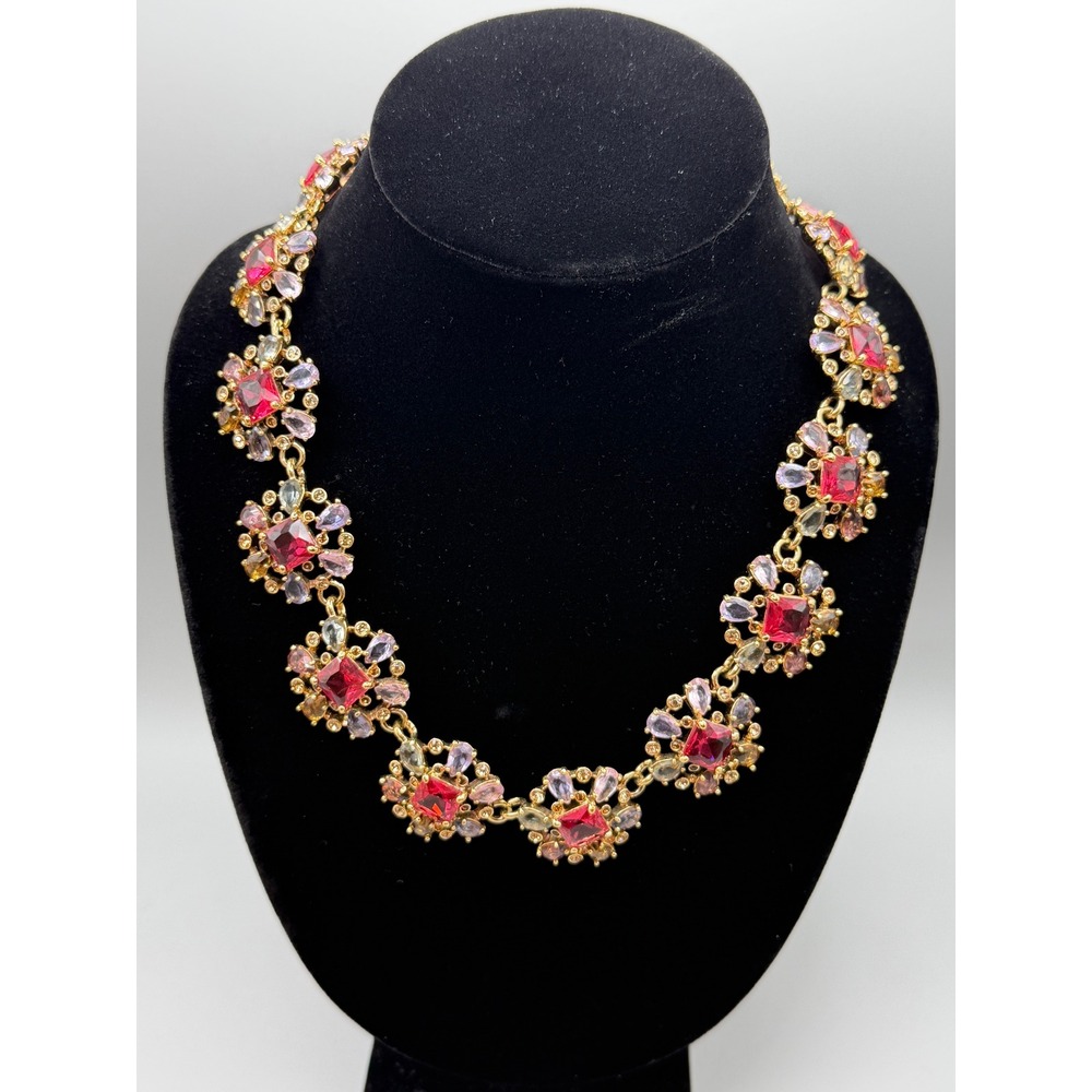 Vintage Carolee LUX Rhinestone Necklace Pink Red Gold Tone Floral Bib #1039